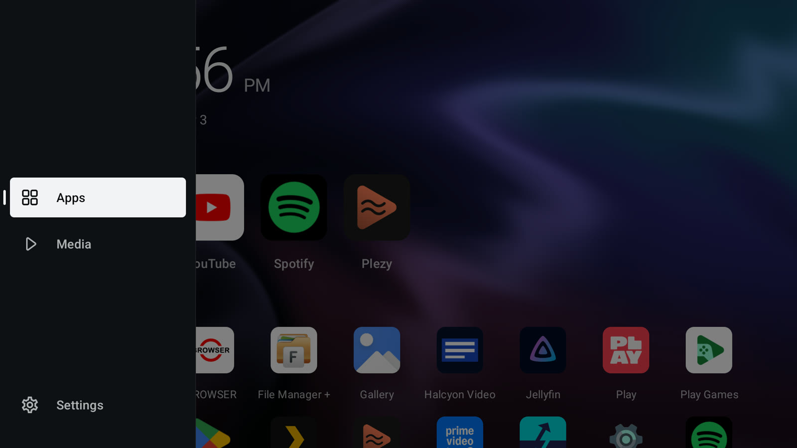 The navigation rail expanded into a panel with Apps, Media and Settings