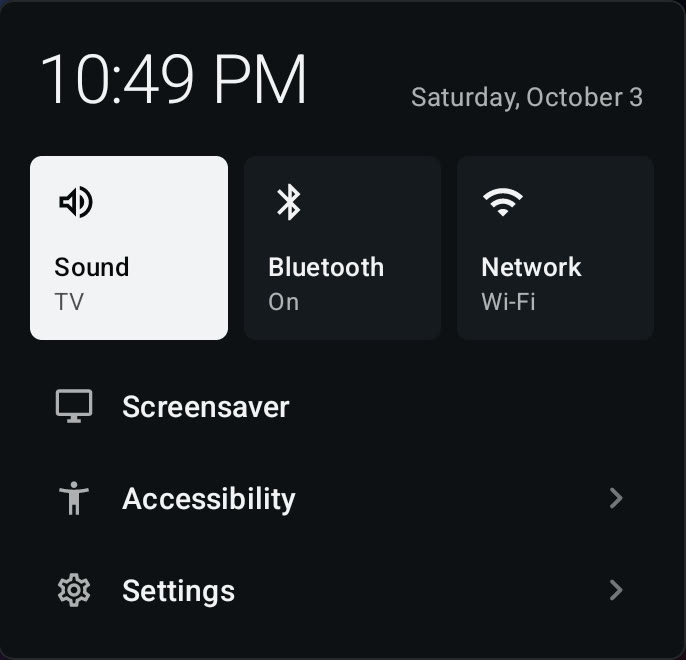 The quick panel with time, sound, Bluetooth and network tiles, and links to screensaver, accessibility and settings